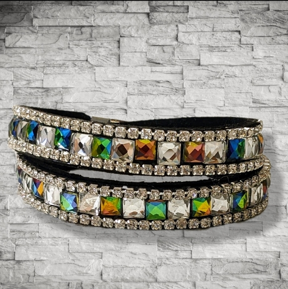B36 Holo Silver Metallic Crystal Rhinestone Wrap Bracelet Large Silver Rainbow - Picture 5 of 16